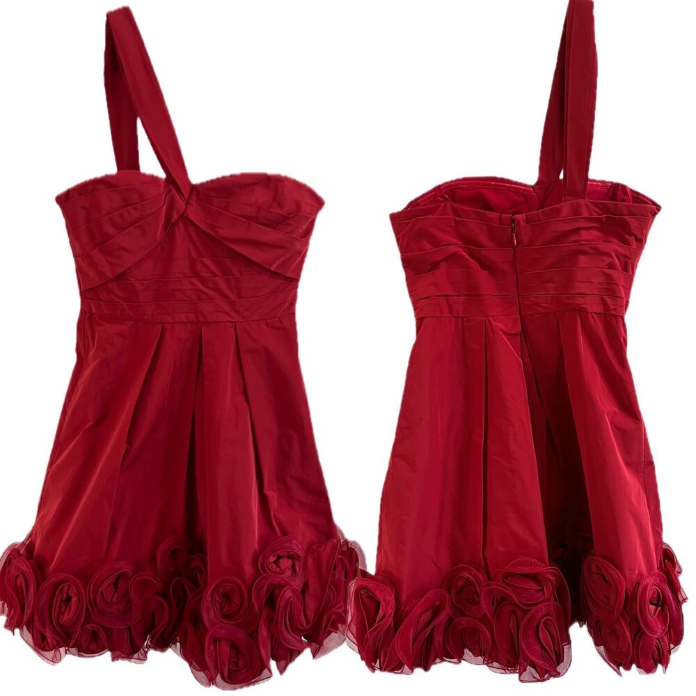 BCBGMAXAZRIA One Shoulder Red Mini Taffeta Ruffle Cocktail Dress, Sz 4 ✨💃🏼